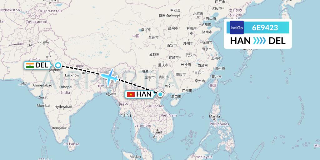 6E9423 IndiGo Airlines Flight Map: Hanoi to Delhi