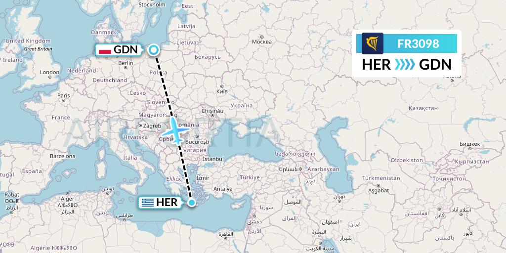 FR3098 Ryanair Flight Map: Heraklion to Gdansk
