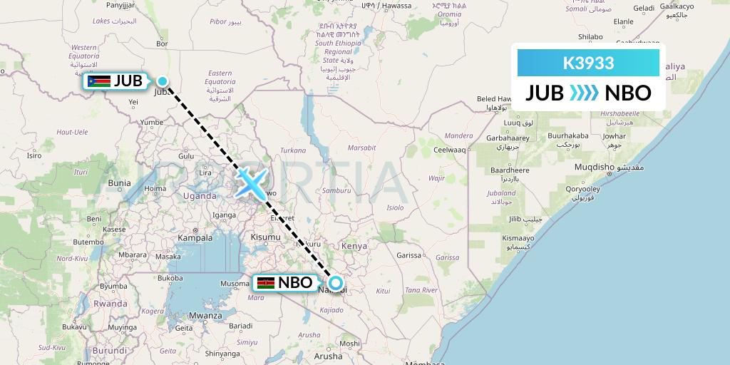 K3933 Taquan Air Flight Map: Juba to Nairobi