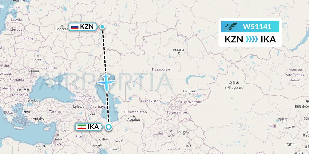 W51141 Mahan Air Flight Map: Kazan to Tehran