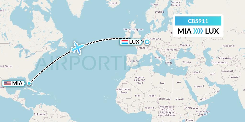 C85911 Cronos Airlines Flight Map: Miami to Luxembourg
