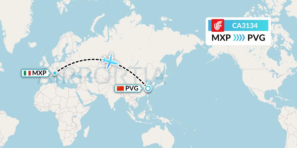 CA3134 Air China Flight Map: Milan to Shanghai