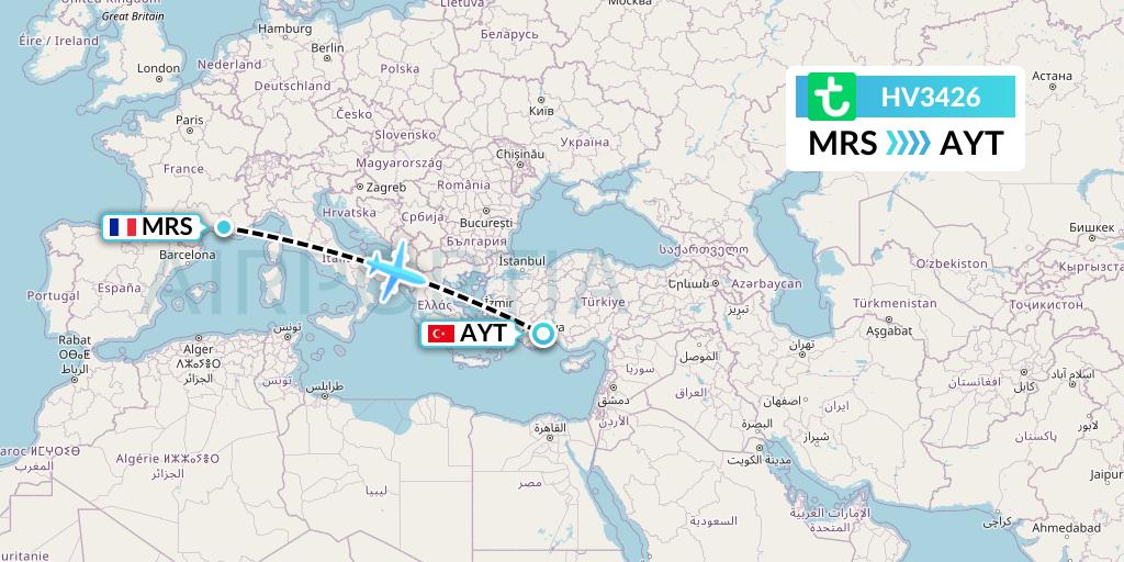 HV3426 Transavia Flight Map: Marseille to Antalya