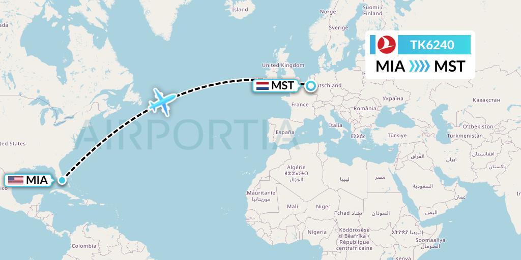 TK6240 Turkish Airlines Flight Map: Miami to Maastricht