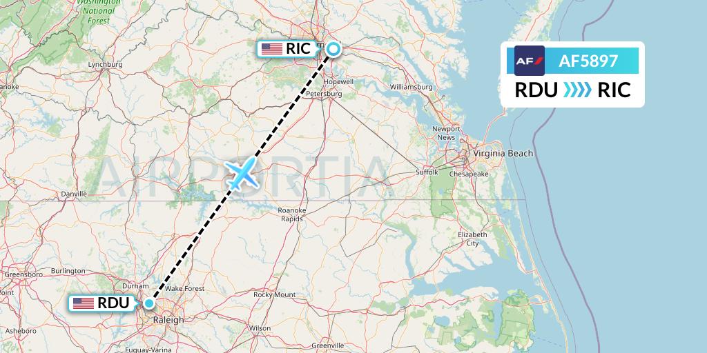 AF5897 Air France Flight Map: Raleigh-Durham to Richmond