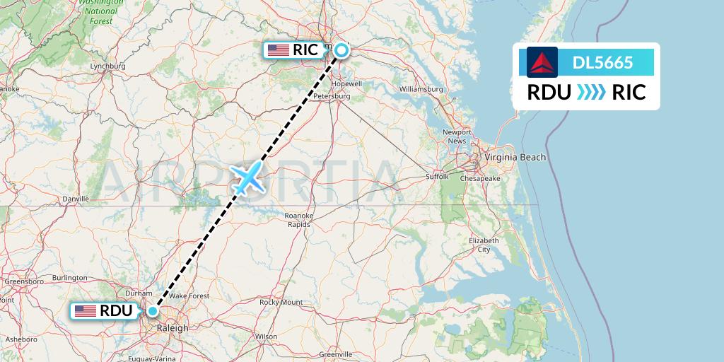 DL5665 Delta Air Lines Flight Map: Raleigh-Durham to Richmond