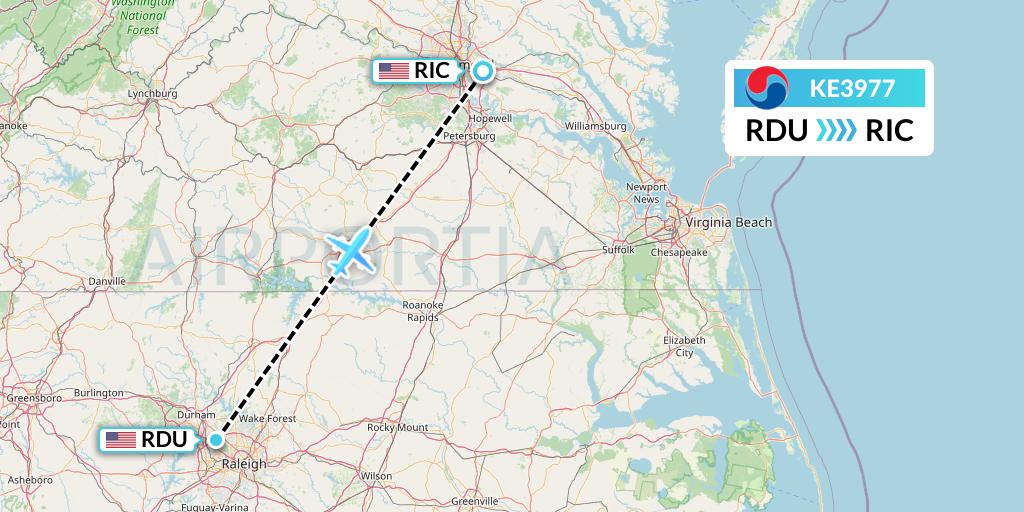 KE3977 Korean Air Flight Map: Raleigh-Durham to Richmond