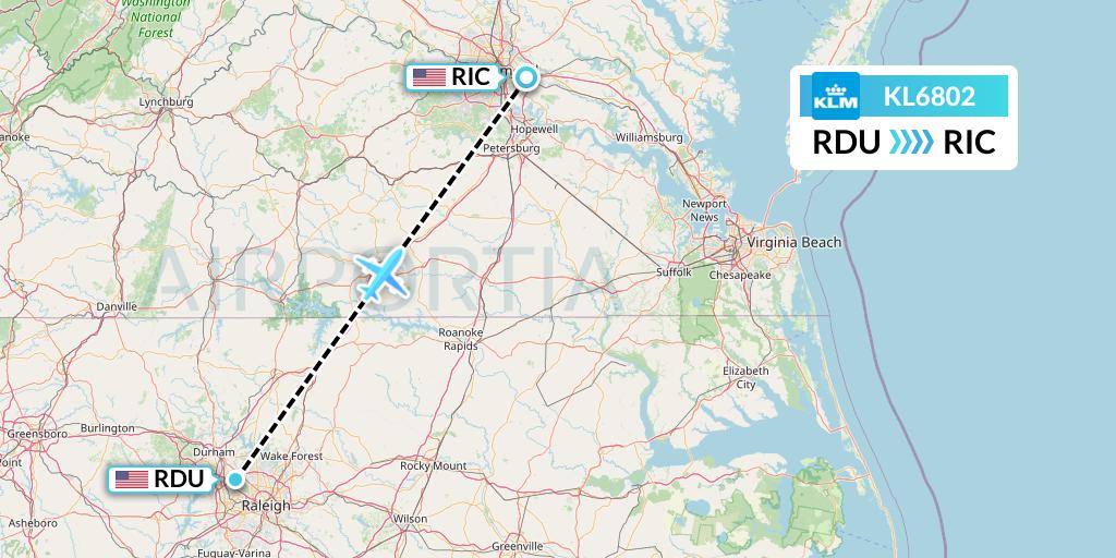 KL6802 KLM Flight Map: Raleigh-Durham to Richmond