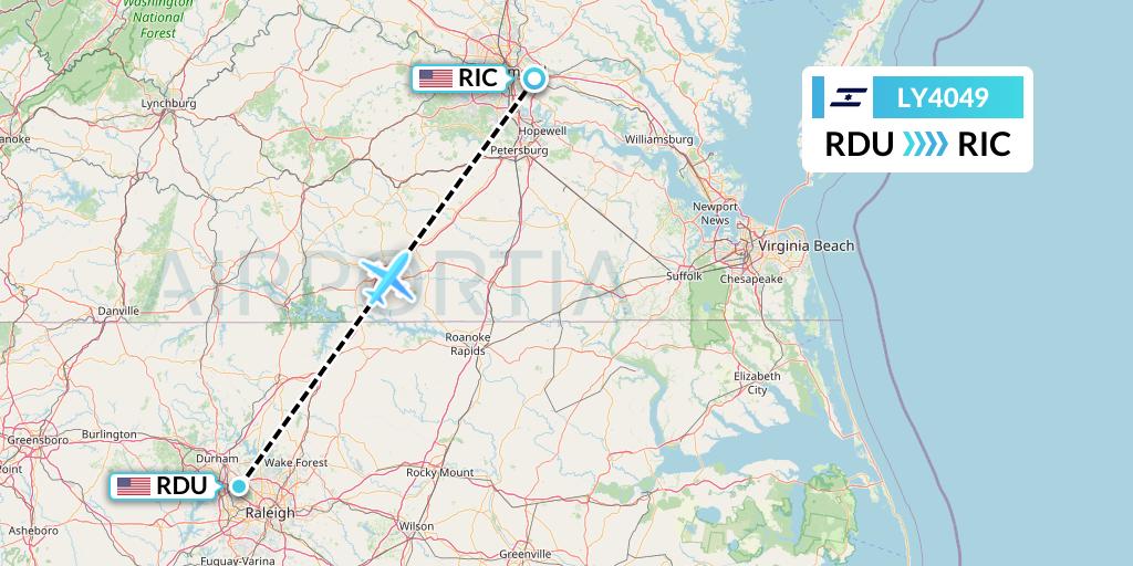 LY4049 El Al Flight Map: Raleigh-Durham to Richmond