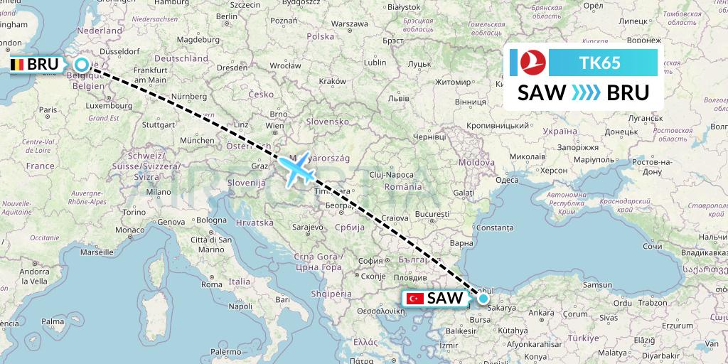 TK65 Turkish Airlines Flight Map: Istanbul to Brussels