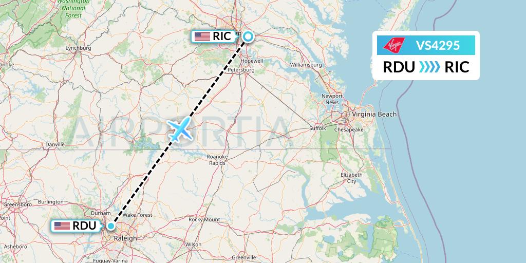 VS4295 Virgin Atlantic Airways Flight Map: Raleigh-Durham to Richmond