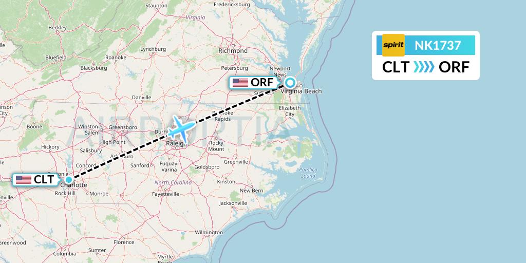 NK1737 Spirit Airlines Flight Map: Charlotte to Norfolk