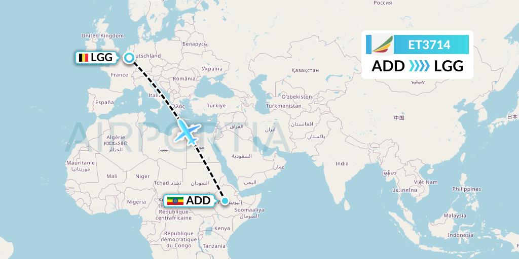 ET3714 Ethiopian Airlines Flight Map: Addis Ababa to Liege