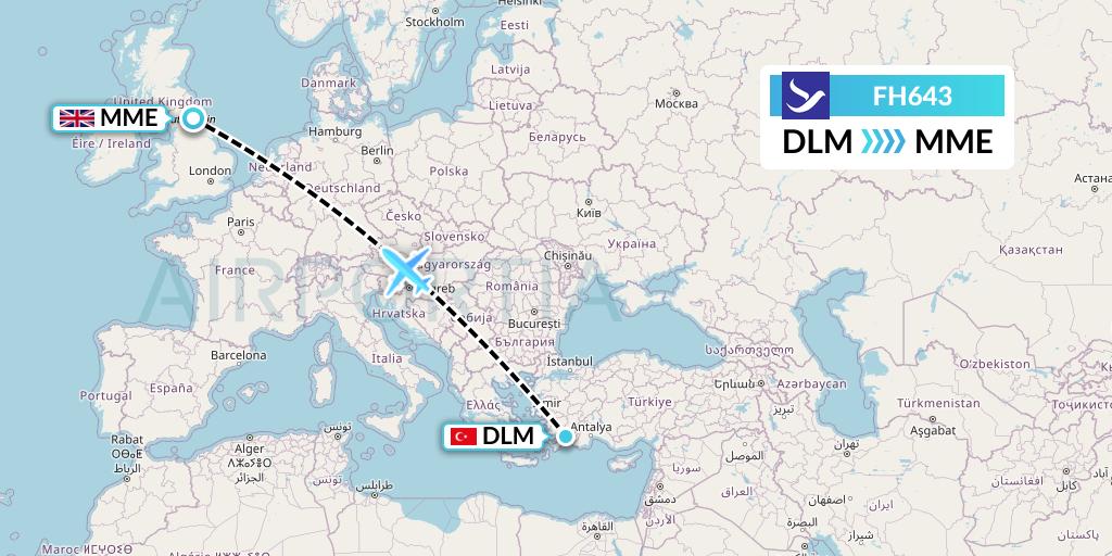 FH643 Freebird Airlines Flight Map: Dalaman to Darlington