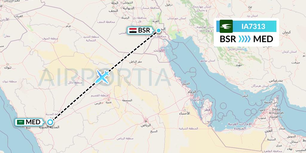 IA7313 Iraqi Airways Flight Map: Basra to Medina