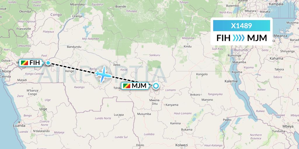 X1489 Nik Airways Flight Map: Kinshasa to Mbuji Mayi