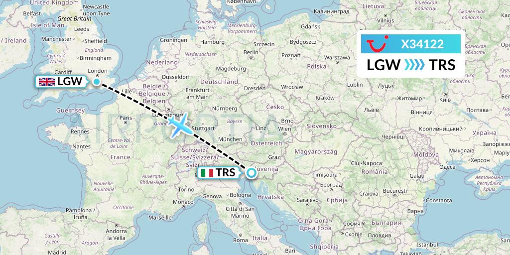 X34122 TUI fly Germany Flight Map: London to Trieste
