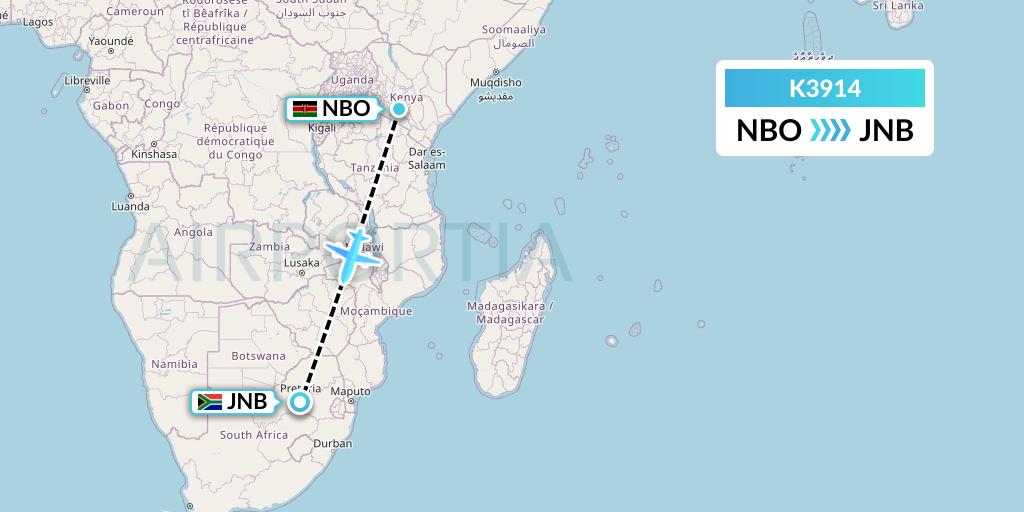 K3914 Taquan Air Flight Map: Nairobi to Johannesburg