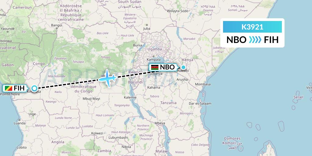 K3921 Taquan Air Flight Map: Nairobi to Kinshasa