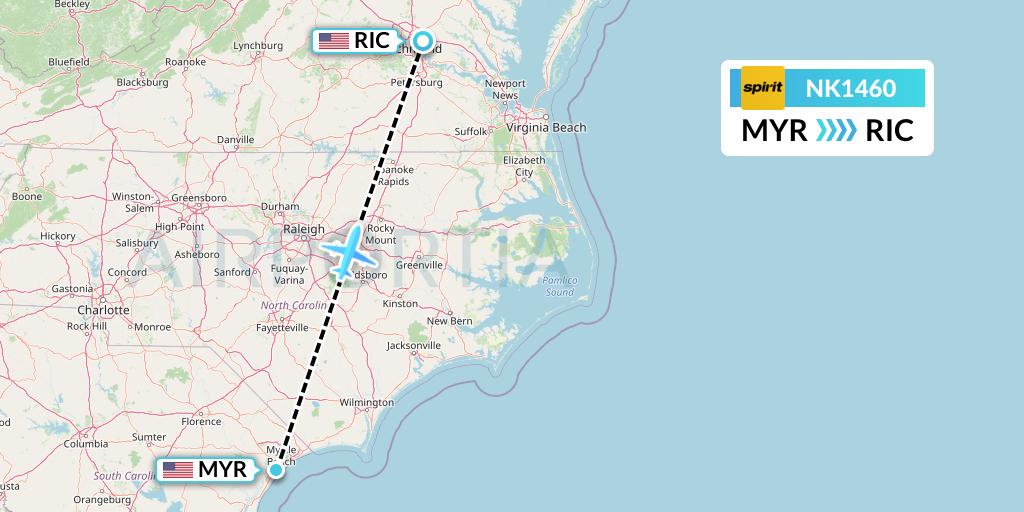 NK1460 Spirit Airlines Flight Map: Myrtle Beach to Richmond