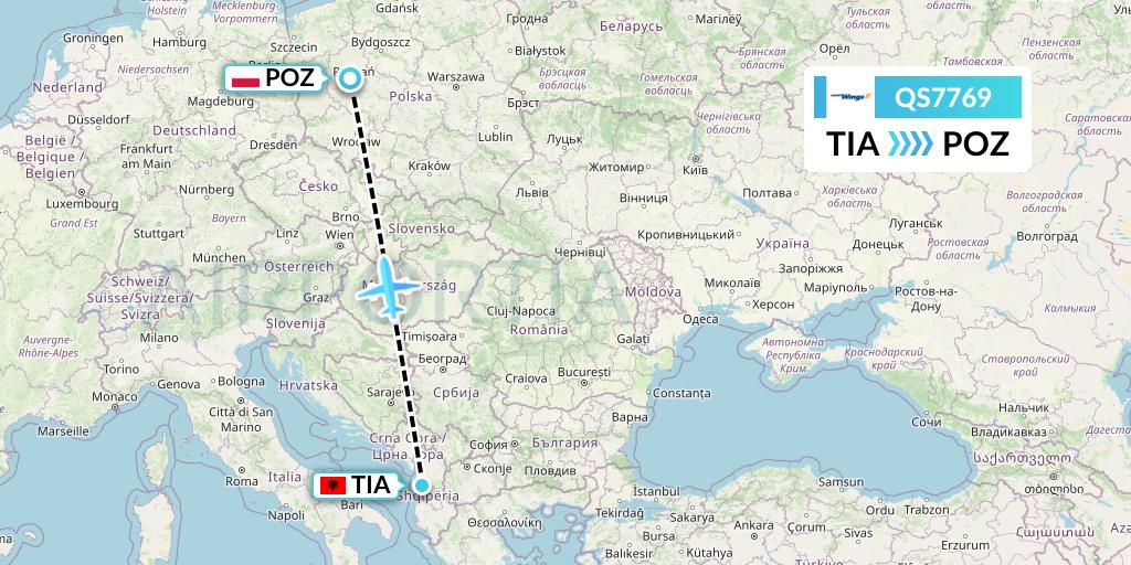 QS7769 Smartwings Flight Map: Tirana to Poznan