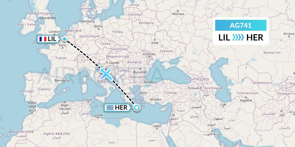 AG741 Aruba Airlines Flight Map: Lille to Heraklion