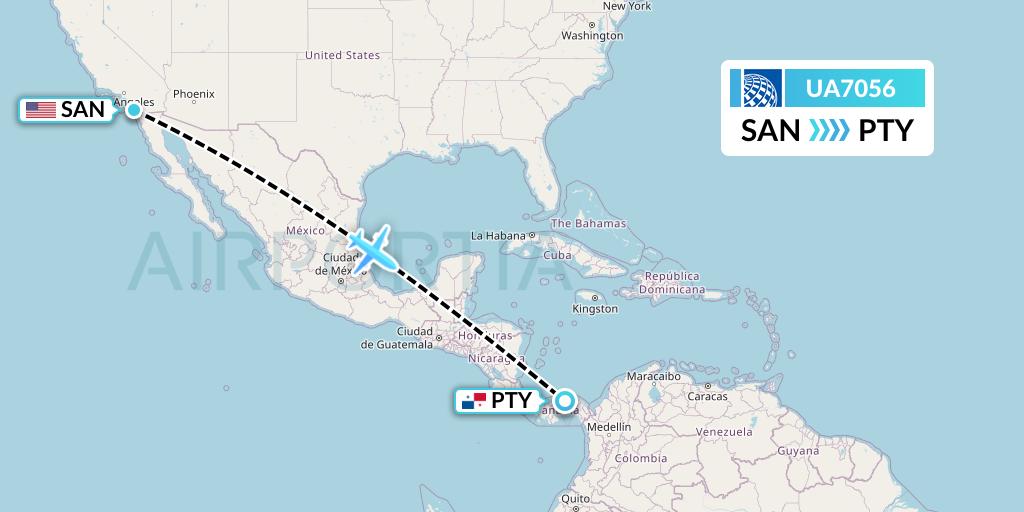 UA7056 United Airlines Flight Map: San Diego to Panama City