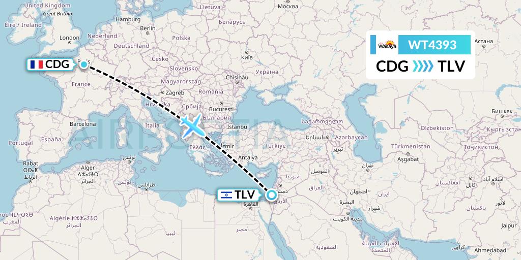 WT4393 Swiftair Flight Map: Paris to Tel Aviv