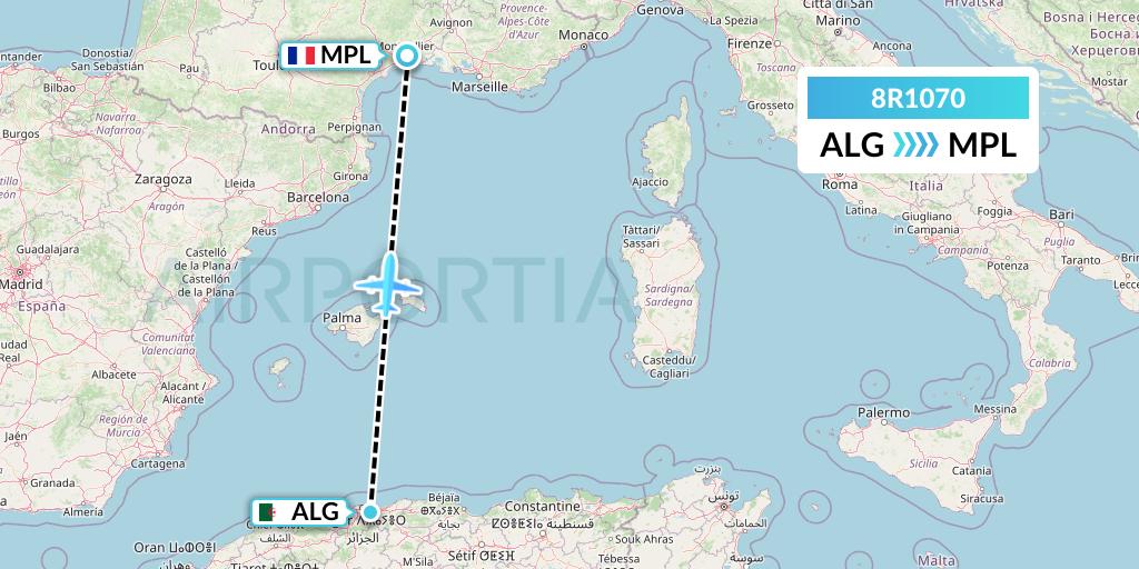 8R1070 Amelia Flight Map: Algiers to Montpellier