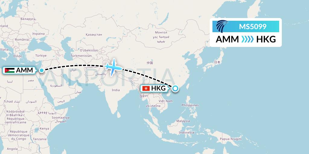 MS5099 EgyptAir Flight Map: Amman to Hong Kong