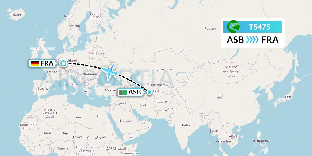 T5475 Turkmenistan Airlines Flight Map: Ashgabat to Frankfurt