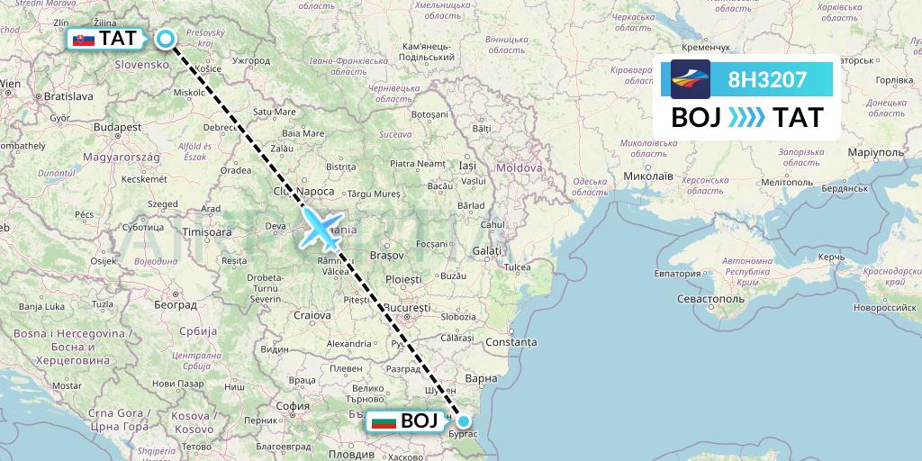 8H3207 BH Air Flight Map: Burgas to Poprad