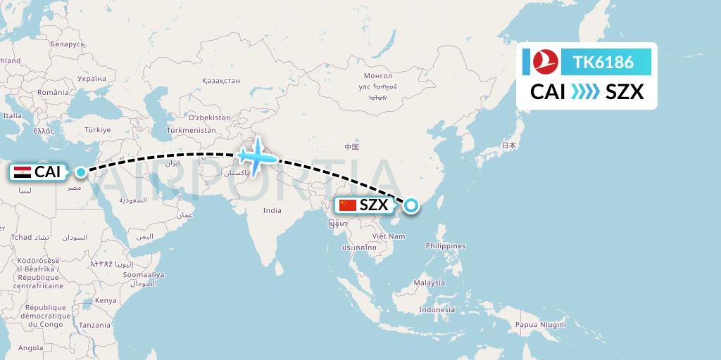 TK6186 Turkish Airlines Flight Map: Cairo to Shenzhen