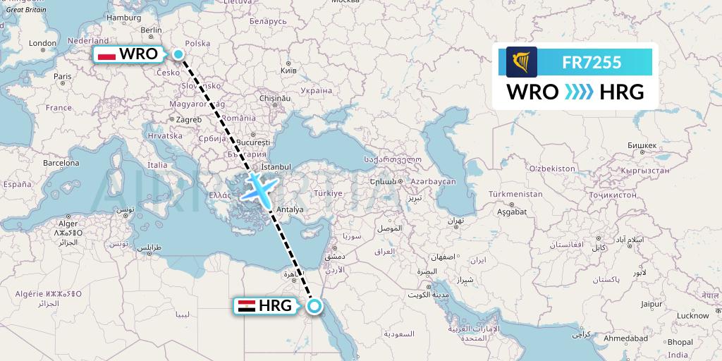 FR7255 Ryanair Flight Map: Wroclaw to Hurghada