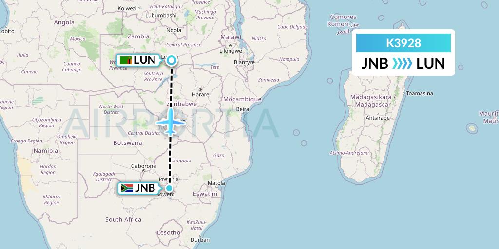 K3928 Taquan Air Flight Map: Johannesburg to Lusaka
