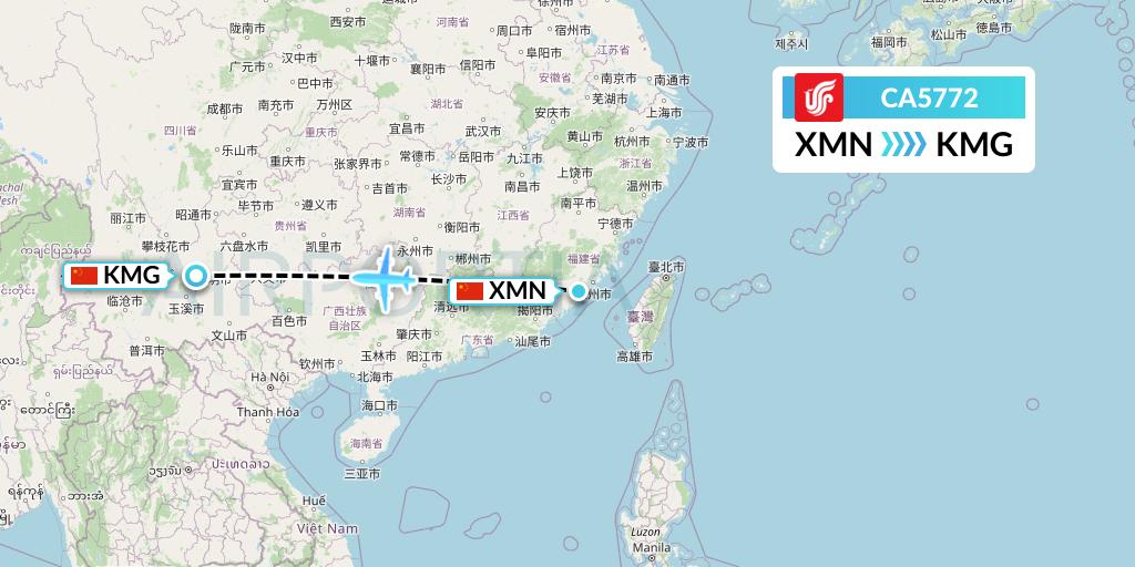 CA5772 Air China Flight Map: Xiamen to Kunming