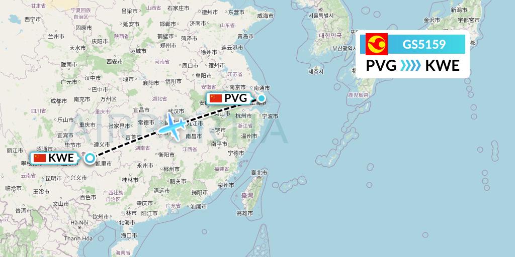 GS5159 Tianjin Airlines Flight Map: Shanghai to Guiyang