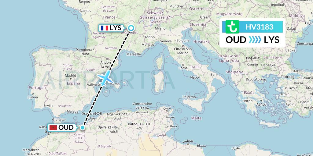 HV3183 Transavia Flight Map: Oujda to Lyon