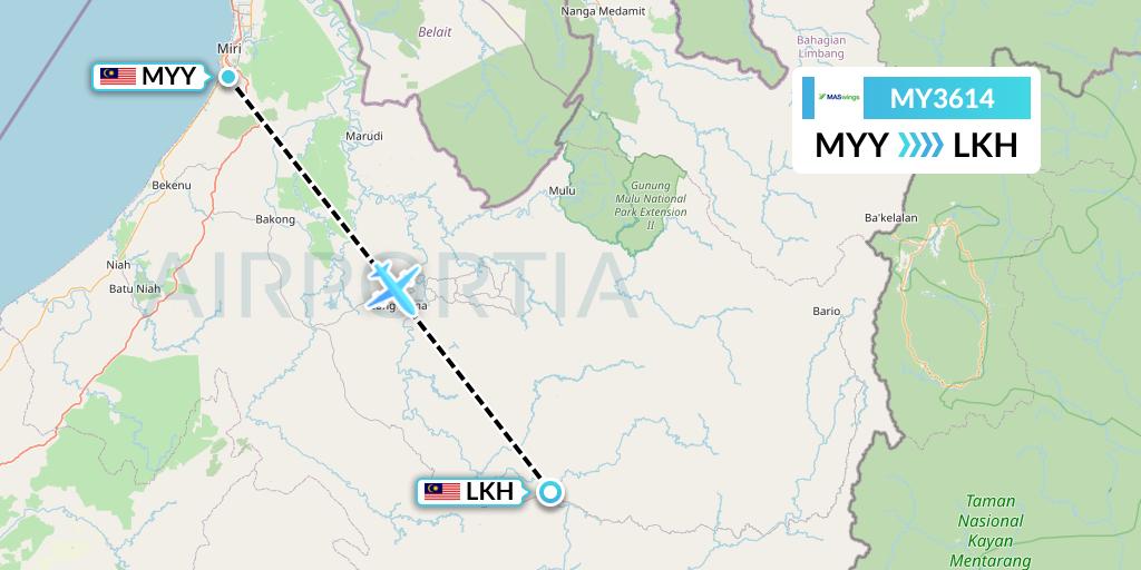 MY3614 MASwings Flight Map: Miri to Long Akah