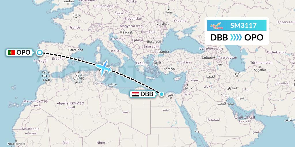 SM3117 Air Cairo Flight Map: El Alamein to Porto