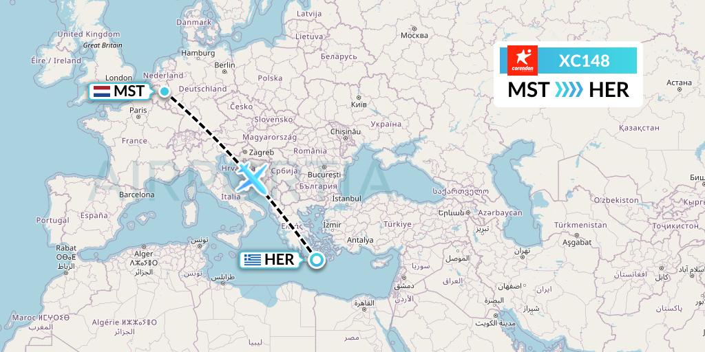 XC148 Corendon Airlines Flight Map: Maastricht to Heraklion
