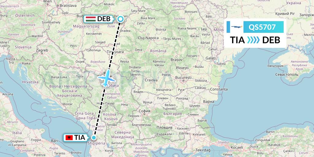 QS5707 Smartwings Flight Map: Tirana to Debrecen