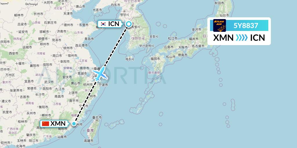 5Y8837 Atlas Air Flight Map: Xiamen to Seoul