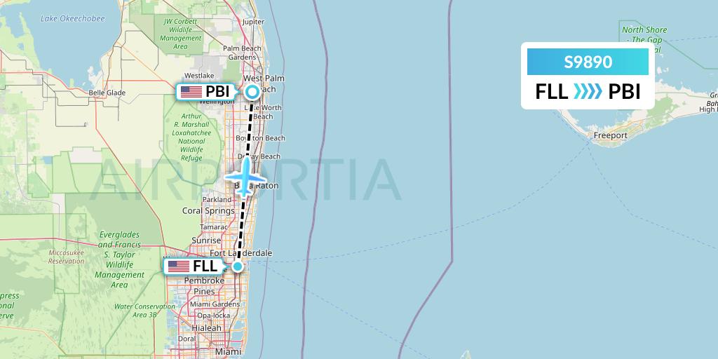 S9890 Flybig Flight Map: Fort Lauderdale to West Palm Beach
