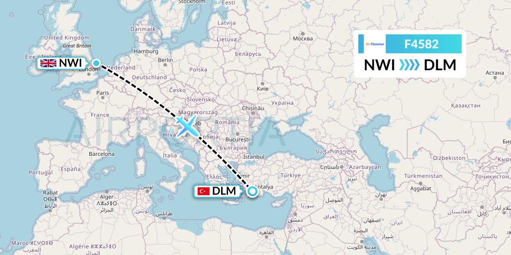 F4582 Air Flamenco Flight Map: Norwich to Dalaman