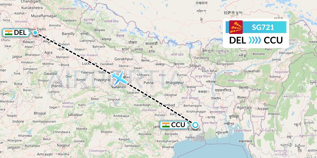 SG721 SpiceJet Flight Map: Delhi to Kolkata