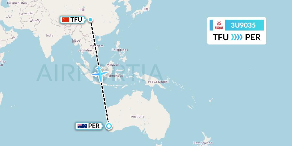 3U9035 Sichuan Airlines Flight Map: Chengdu to Perth