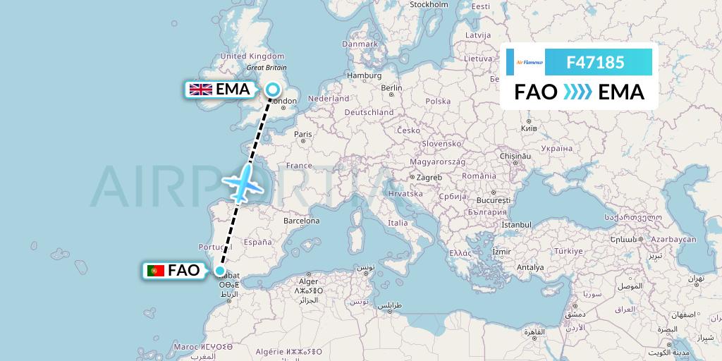 F47185 Air Flamenco Flight Map: Faro to East Midlands