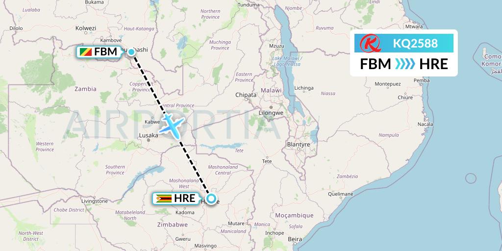 KQ2588 Kenya Airways Flight Map: Lubumbashi to Harare