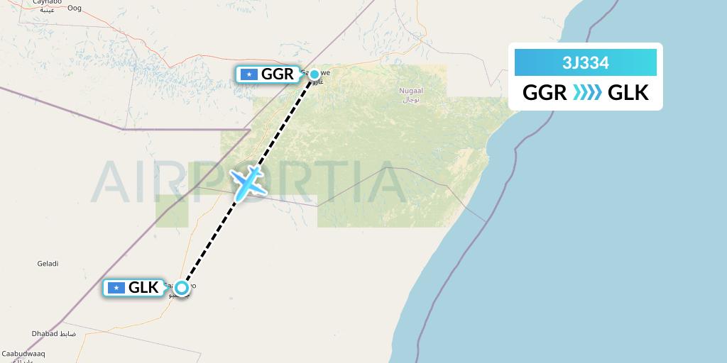 3J334 Jubba Airways Flight Map: Garoe to Galcaio